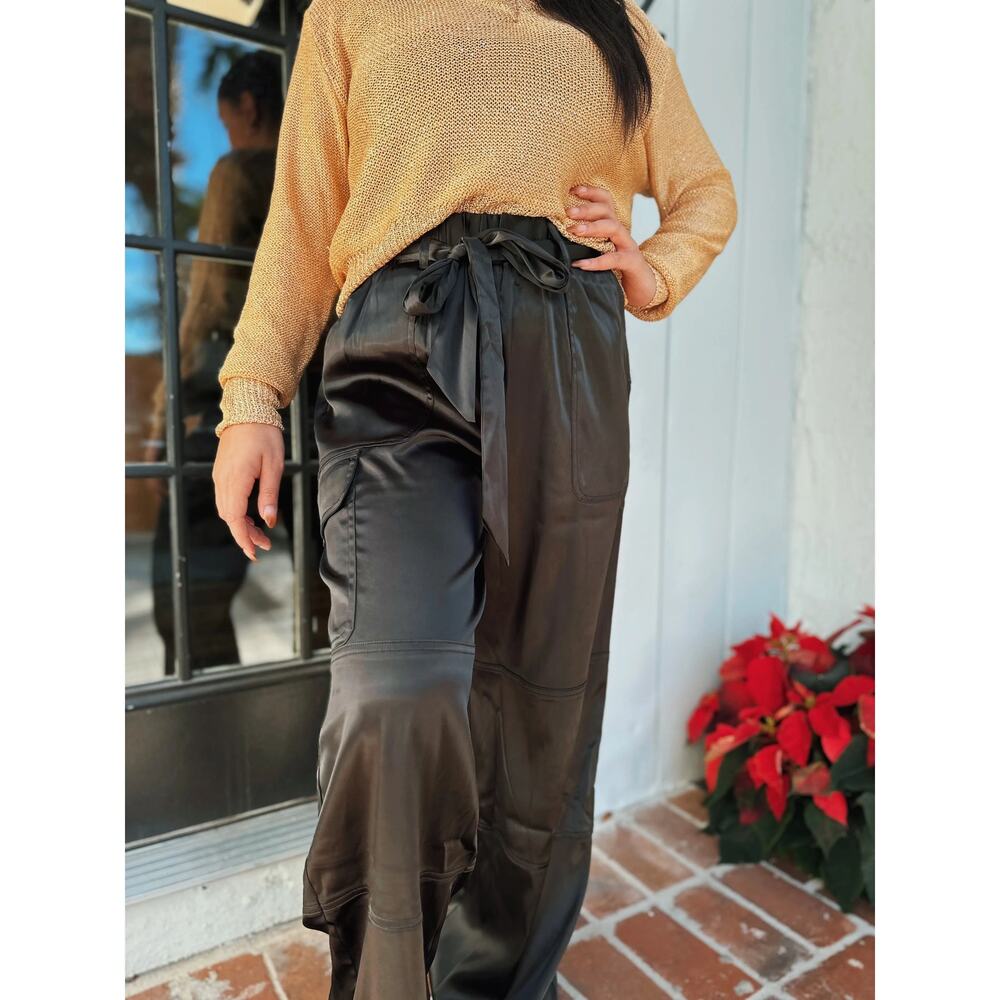 NWT Black Satin High Waist Cargo Pants Straight Leg